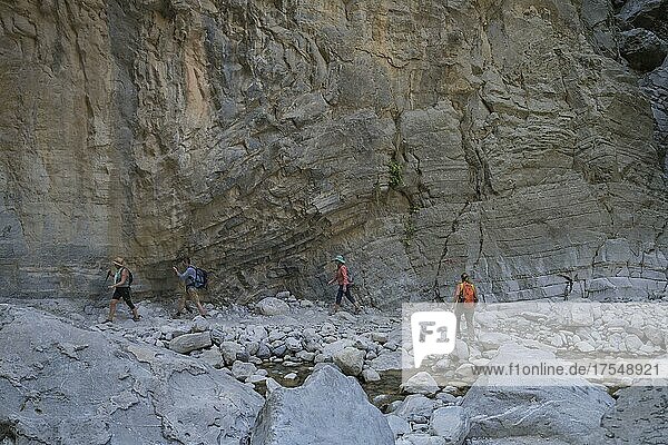 Hiking trail  lower of the three narrows Iron Gates Portes  Samaria Gorge  Crete  Greece  Europe