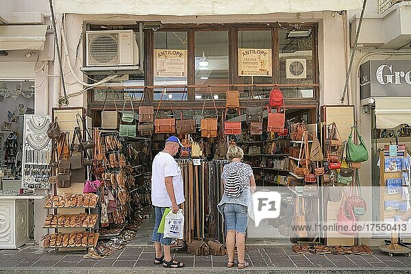 Shopping Street  Leather Goods  Tourists  Mavrokordatou Alexanrou  Old Town  Rethymno  Crete  Greece  Europe