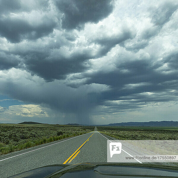 USA  Idaho  Fairfield  Highway under stormy sky