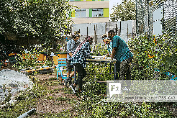 Bäuerinnen und Bauern verschiedener Rassen an einem Tisch im städtischen Garten
