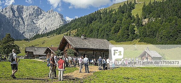 Mass celebration on Almkirtag in front of the wooden chapel in the alpine village of Eng  with Grubenkarspitze and Dreizinkenspitze in the background  Karwendel Mountains  Hinterriss  Tyrol  Austria  Europe