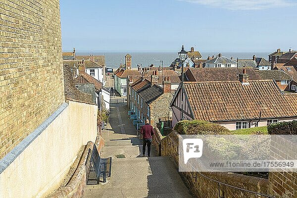 Town rooftops from Town Steps view out to North Sea  Aldeburgh  Suffolk  England  UK