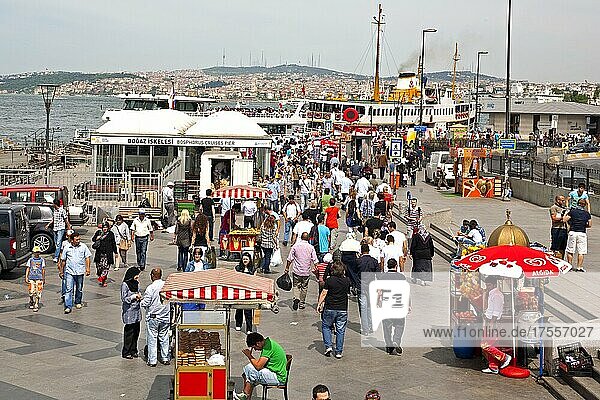 Busy at the Eminonu ferry pier at Galata Bridge  Istanbul  Turkey  Asia