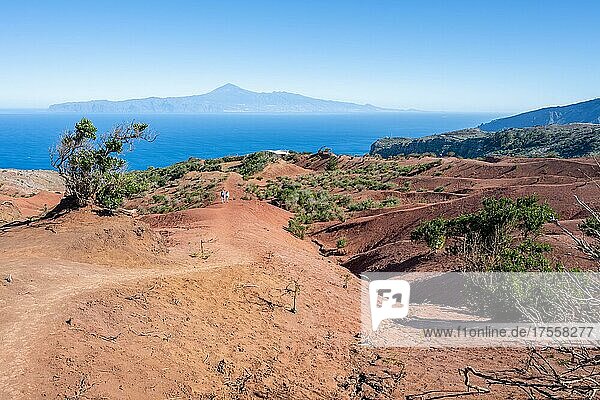 Red desert landscape at the skywalk Mirador de Abrante with view of Tenerife  Agulo  La Gomera  Spain  Europe