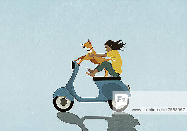 Mädchen und Hund fahren Motorroller