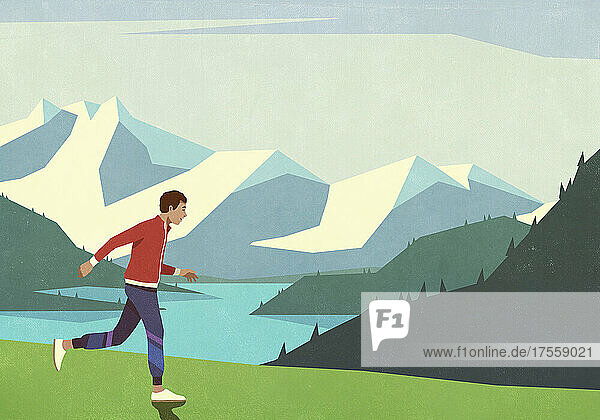 Unbeschwerter Mann joggt in idyllischer Berglandschaft