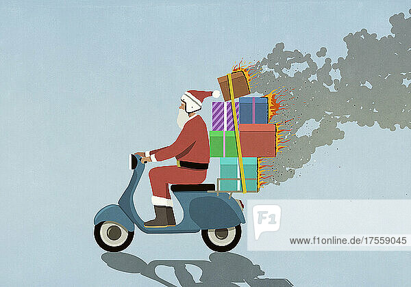 Weihnachtsmann fährt Motorroller mit brennenden Geschenken
