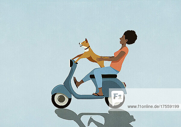 Unbekümmerte Frau mit Hund fährt Motorroller