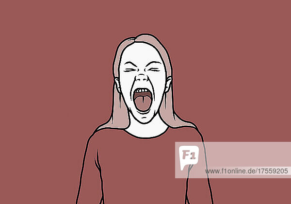 Wütend schreiende Frau mit offenem Mund auf rotem Hintergrund
