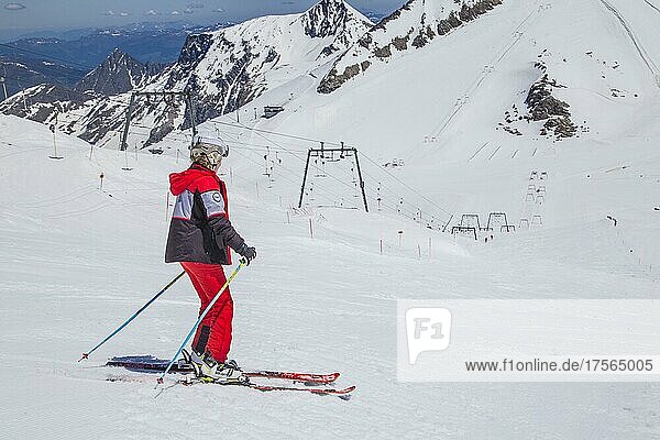 Skier on glacier ski slope Olperer  Hintertux glacier ski area in summer  Tuxeertal  Tyrol