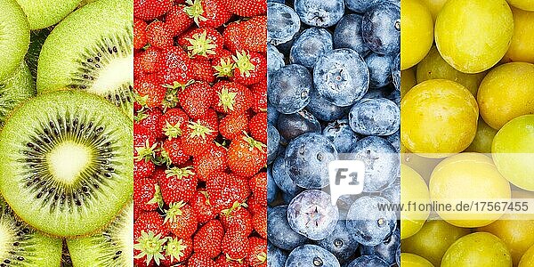Früchte Frucht Collage Sammlung Hintergrund mit Erdbeeren Erdbeere Beeren Beere frische Blaubeeren Blaubeere