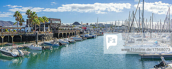 View of boats and the restaurants in Rubicon Marina  Playa Blanca  Lanzarote  Canary Islands  Spain  Atlantic  Europe