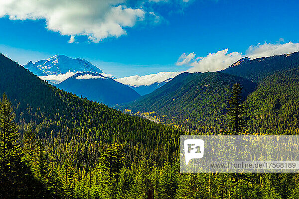 Ansicht des Mount Rainier  eines Stratovulkans in der Cascade Range des pazifischen Nordwestens  im Mount Rainier National Park  Bundesstaat Washington  Vereinigte Staaten von Amerika  Nordamerika