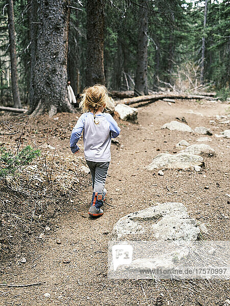Young girl hiking in a forest in Colorado
