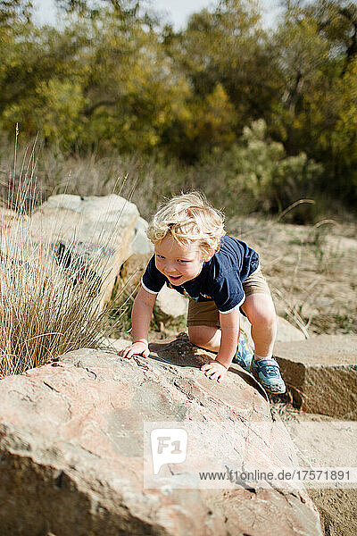 Three Year Old Boy Playing on Rocks at Mission Trails in San Diego