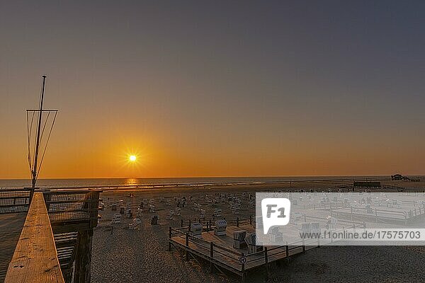 Beach chairs  beach at sunset  St. -Peter-Ording  North Sea  Schleswig-Holstein  Germany  Europe