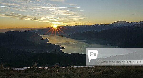 View from Monte Lema on sunset over Lake Maggiore  Lugano  Ticino  Switzerland  Luino  Lombardy  Italy  Europe