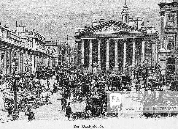 Bank of England  horse-drawn carriages  street traffic  London  historical illustration  wood engraving  19th century
