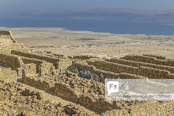Tourists at the Northern Palace  Fortress  Ruins of Masada  Dead Sea  Israel  Asia