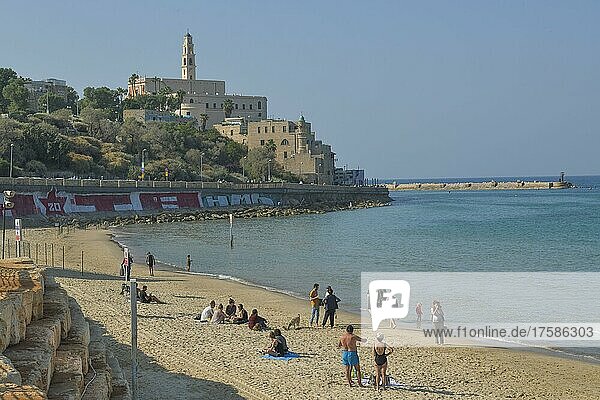 Beach  city view of Jaffa with St. Peter's Church  Tel Aviv  Israel  Asia