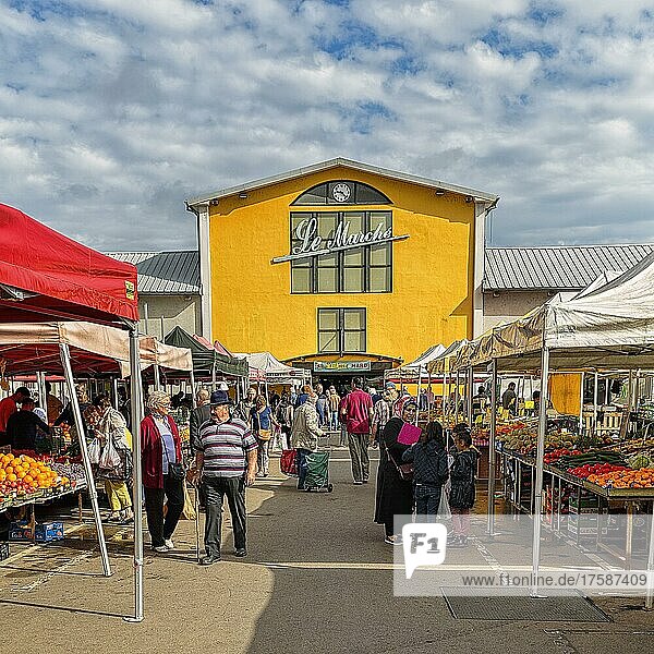 People at a weekly market market  market stalls in front of yellow market hall Le Marché  Mulhouse  Alsace  France  Europe