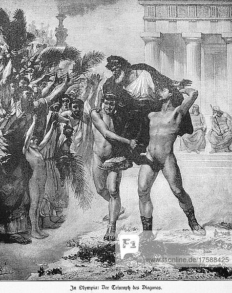Olympia  Triumpf des Diagoras  Sieg  Held  tragen  Menschenmenge  Jubel  Freude  feiern  Gebäude  Säulen  historische Illustration 1897  Athen  Griechenland  Europa