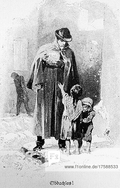 Mann  Mantel  Hut  Kinder obdachlos  betteln  Armut  Hand ausstrecken  traurig  New York  Amerika  historische Illustration von 1897