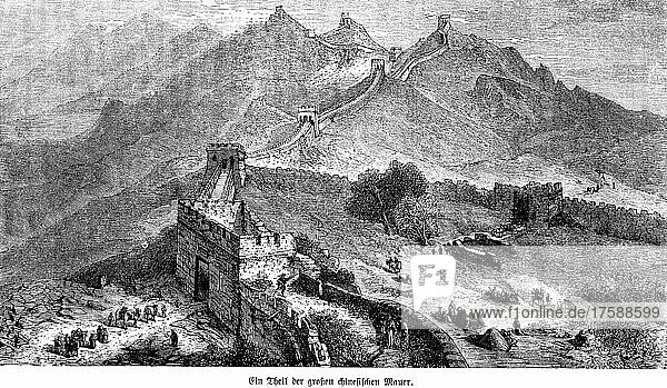 Great Wall of China  building  wonder of the world  many people  landscape  mountains  historical illustration 1885  China  Asia