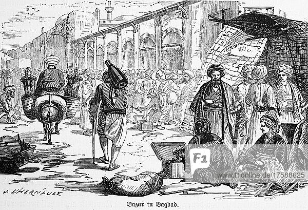 Bazaar  trade  merchant  many people  outdoor  mule  men  hall  box  turban  clothes  stall  economy  historical illustration  1885  Baghdad  Iraq  Asia