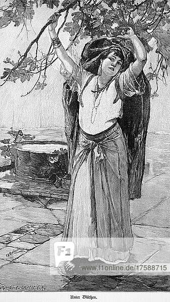 Porträt  junge griechische Frau  Ganzansicht  außen  Kleid  Arme erhoben  Zweige  Blüten  historische Illustration 1897  Athen  Griechenland  Europa