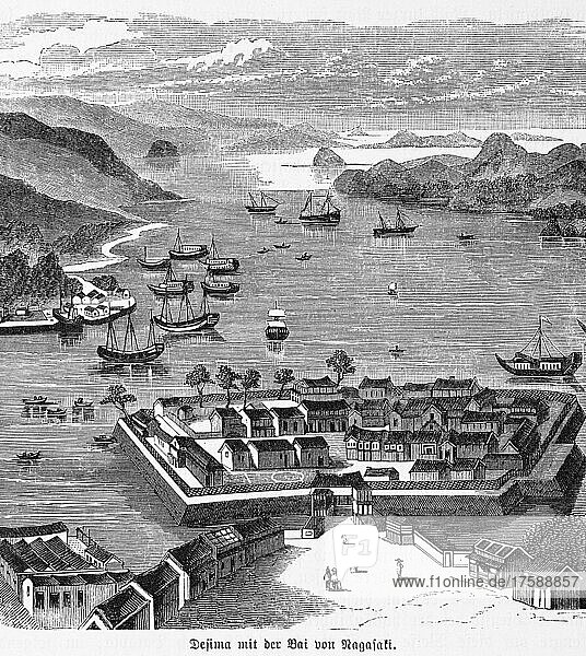 Dejima  Nagasaki  Bucht  Festung  Ozean  Reede  Schiffe  Handel  Wirtschaft  Berge  Japan  1885  Asien
