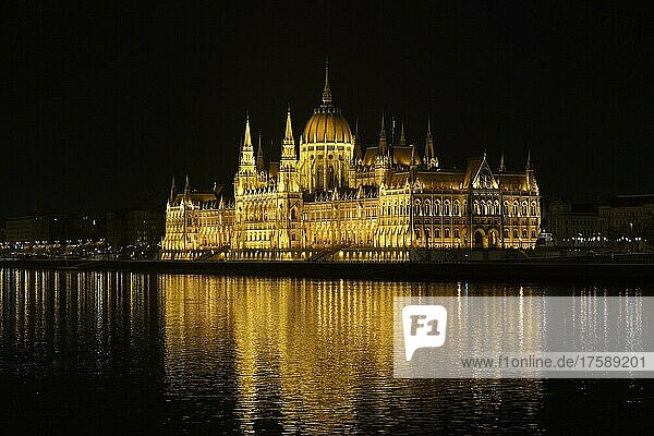 Parlament mit Donau bei Nacht  Budapest  Ungarn  Europa