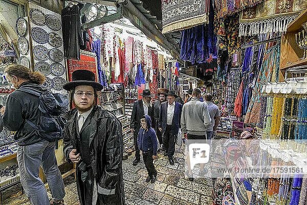 Orthodox Jews  Souvenir shops  Bazaar  David Street  Old City  Jerusalem  Israel  Asia