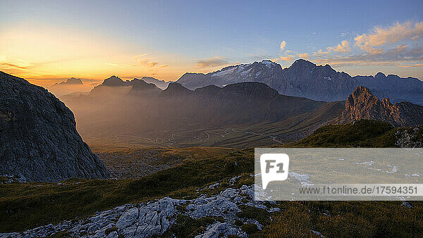 Scenic view of Marmolada and Pordoi Pass at sunrise  Trentino-alto Adige  Italy