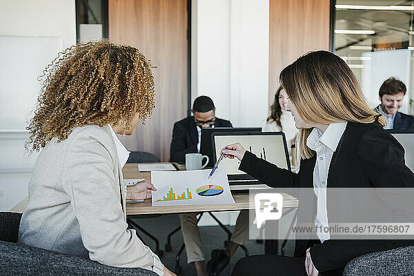 Young businesswoman discussing over graph with colleague in office
