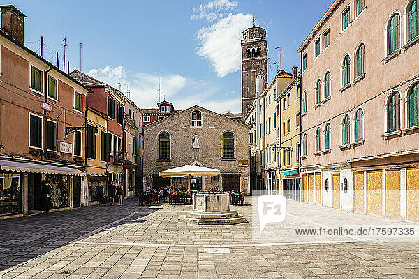 Italy  Veneto  Venice  Campo San Toma square with bell tower of Santa Maria Gloriosa dei Frari in background