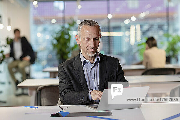 Manager working on laptop at desk in office