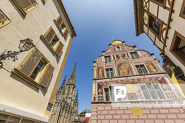 France  Alsace  Mulhouse  Low angle view of historical town hall and surrounding houses