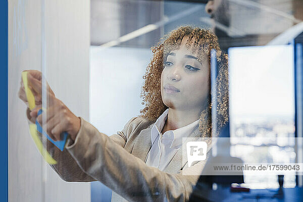 Businesswoman sticking adhesive note on glass wall at office