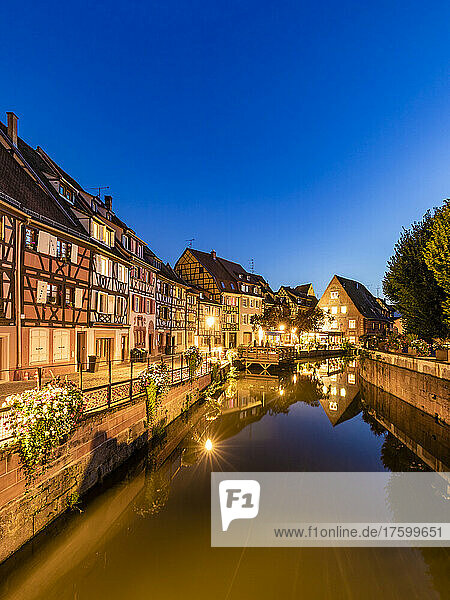 France  Alsace  Colmar  Long exposure of Lauch river canal in Little Venice at dusk
