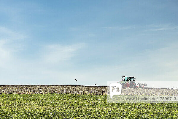 Tractor on field under blue sky