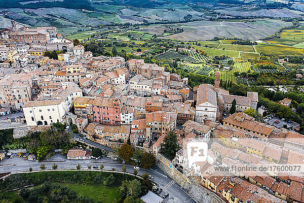 Italy  Province of Siena  Montepulciano  Helicopter view of medieval hill town in Val dOrcia