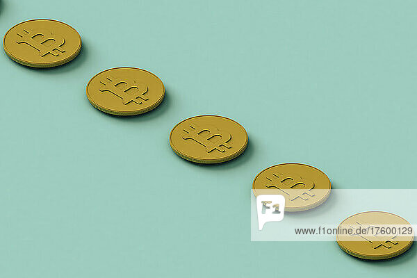 Three dimensional render of row of Bitcoins flat laid against turquoise background