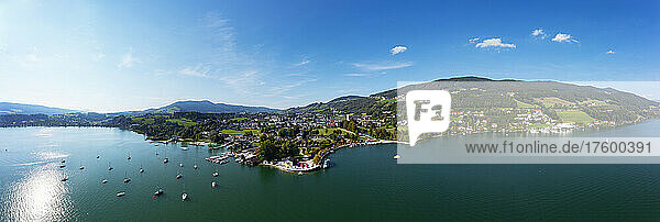 Lake Mondsee and mountain under blue sky on sunny day  Salzkammergut  Upper Austria  Austria