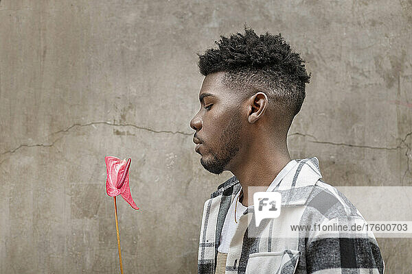 Young man looking at flamingo lily in front of wall