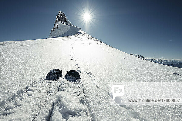 Skis next to hare tracks along snowcapped peak in Rofan Mountains
