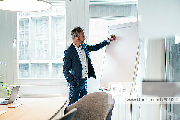 Businessman with hand in pocket writing on flipchart at office