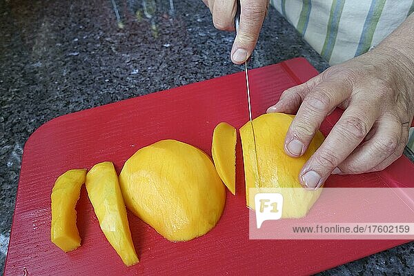 Schwäbische Küche  Mango schneiden zu süße Flädle  Messer  Schneidebrett  Dessert  Nachspeise  Nachtisch  Männerhände  Deutschland  Europa