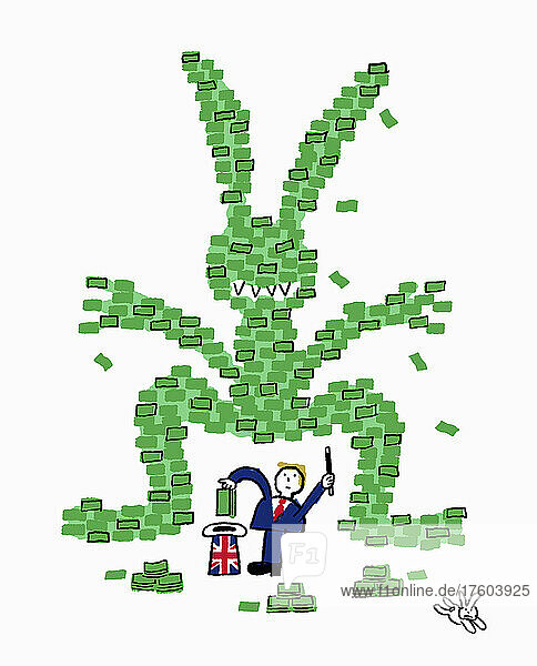 Geschäftsmann zieht Monstergeld in Form eines Kaninchens aus einem Union Jack-Hut