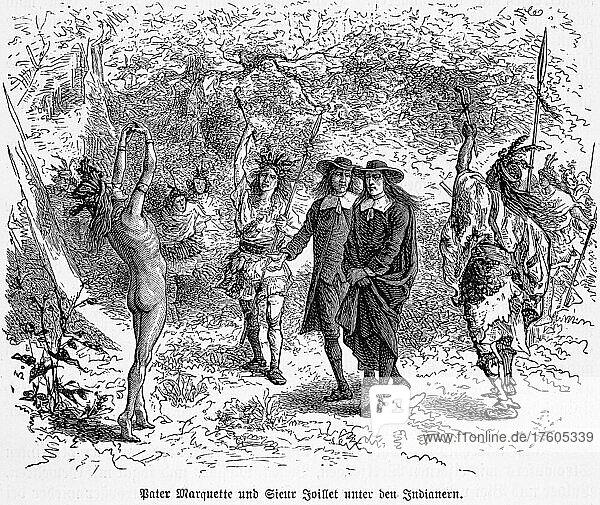 Indianer  Kopfschmuck  Speere  Europäer  Pater  Pfarrer  Christentum  begrüßen  Eroberung  Wald  historische Illustration  1885  Nordamerika